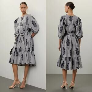 SZ Blockprints Aaron Dress Floral Striped Puff Sleeve Knee-Length Navy White S